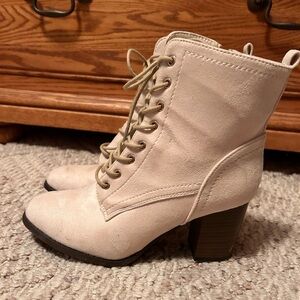 Cream Faux Suede Lace Up Wooden Heel